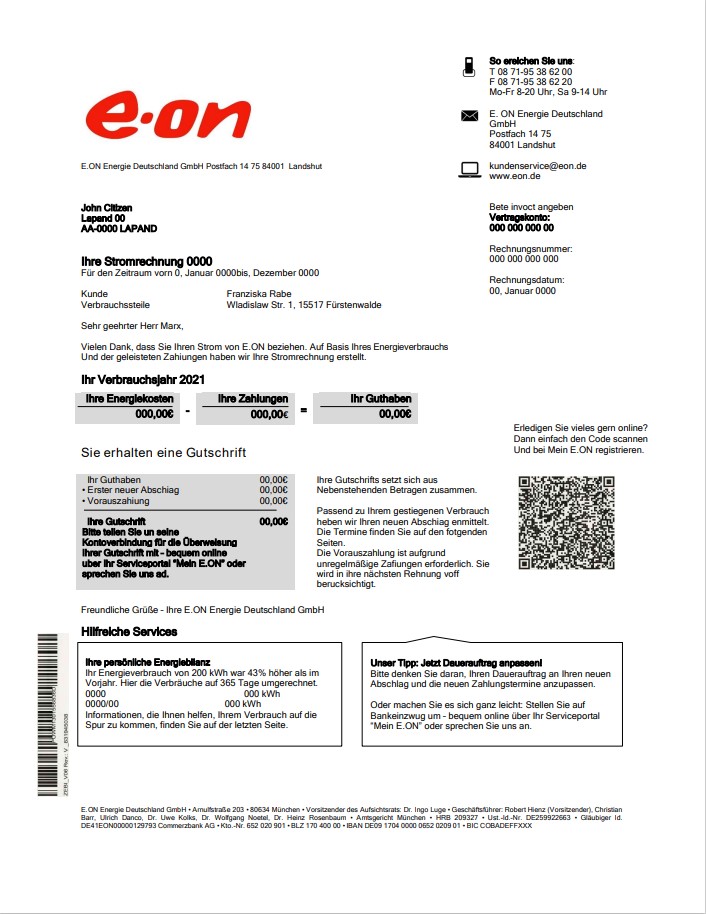 Germany E.ON Energie electricity utility bill